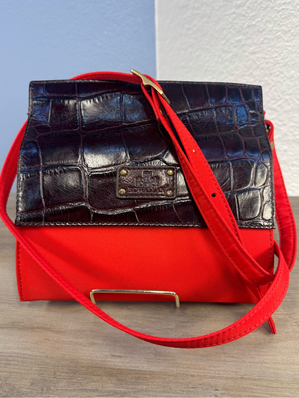 Rowallan of Scotland Leather Bag Crocodile Embossed Red Black Vintage